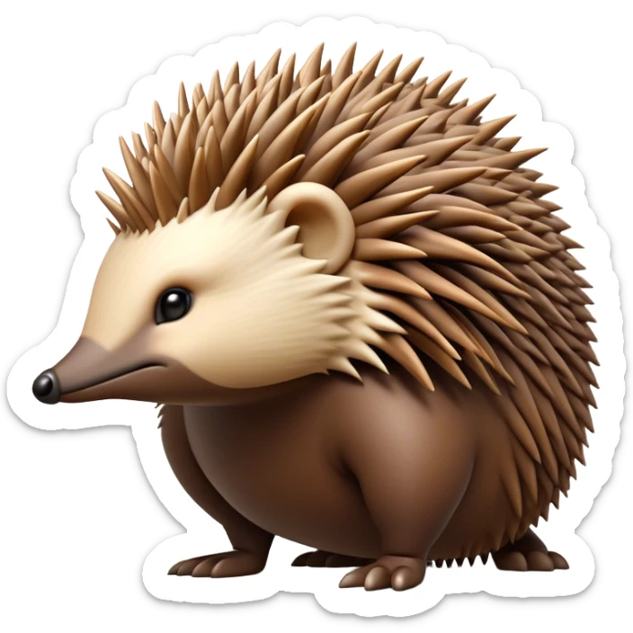 Cinematic Noble Echidna Portrait Emoji, Poised and regal, with a compact, spiky build and a textured, bristly fur in earthy browns, a distinctive pointed snout and keen, soulful eyes, Simplified yet sharp and sophisticated features, highly detailed, glowing with a warm, dignified glow, high shine, intelligent and resilient, stylized with an air of prickly elegance, focused and attentive, soft glowing outline, capturing the essence of a watchful and confident echidna, so majestic it feels as though it could scurry out of the screen with effortless authority! sticker