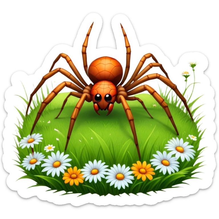Huge spider sitting on grass with flowers, surrounded by a lush meadow. Detailed legs and body, with soft natural lighting enhancing its texture. Calm, serene background with vibrant greenery and a clear sky. Transparent background. sticker