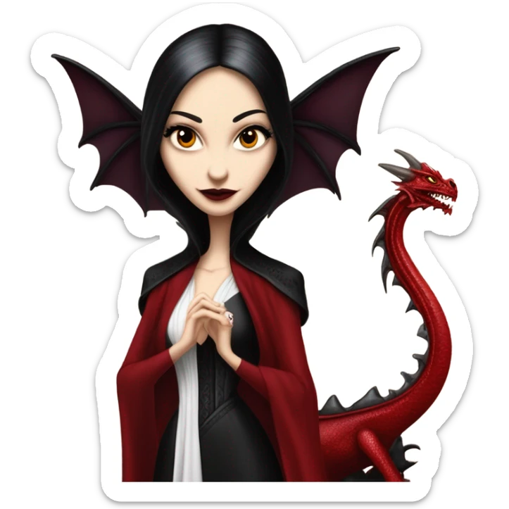 Lavish Victorian evening gown, young Morticia Addams Jedi wearing a mini tiara, riding on the back of a very large blood red evil-looking fire-spewing horned dragon sticker