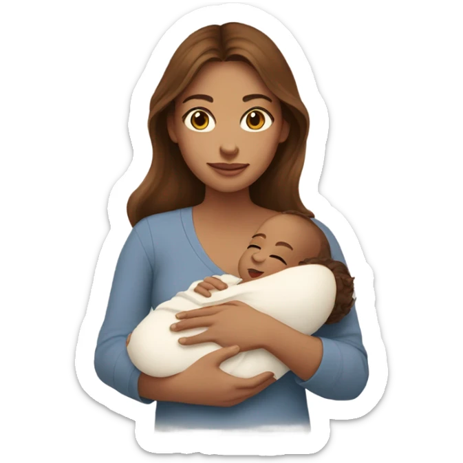 woman with hazel eyes and long brown hair holding newborn baby boy in arms sticker
