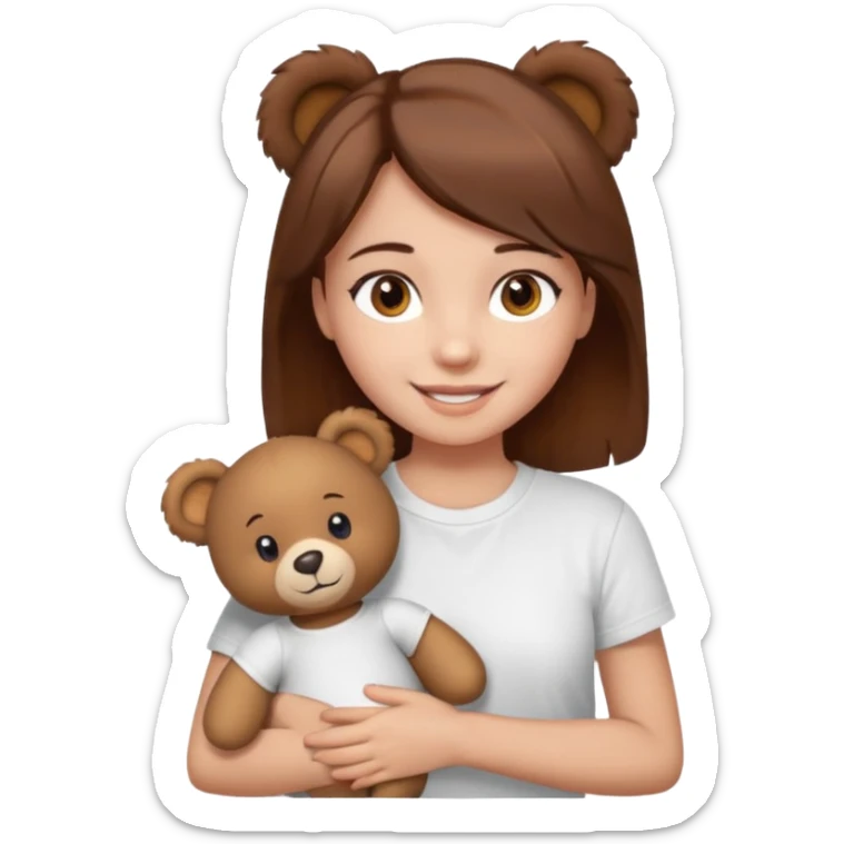 A Girl with Brown hair and Brown eyes with a t-shirt White. The t-shirt have dels a Teddy bearthe Gor have White skins and she is smiling sticker