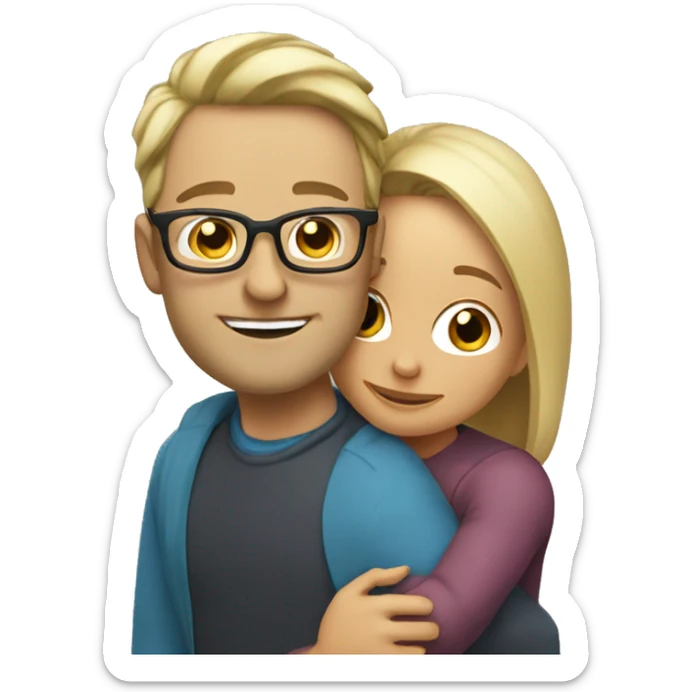 40 year old man with blond hair and glasses hugs a 40 year old woman with brown half long hair sticker