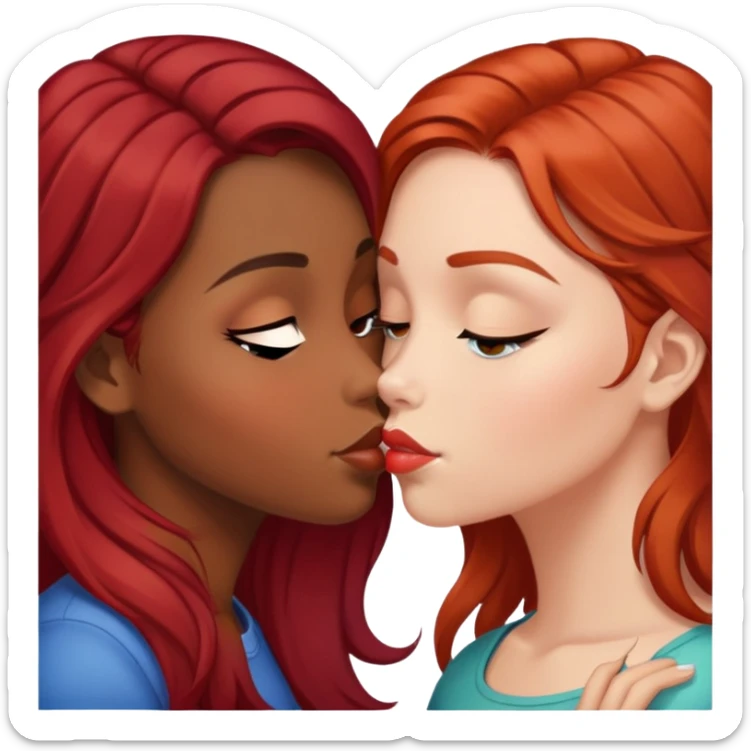 Brown girl dark Brown hair white girl red hair kissing sticker