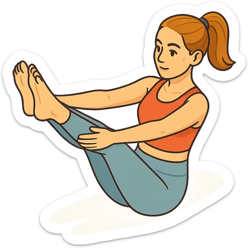girl in cute yoga outfit performing boat pose (Navasana), 2D isometric style, very detailed facial features, elongated body, many shadows and highlights, clean contours, soft lighting, transparent background sticker
