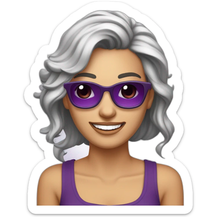 mujer-piel blanca-con gafas-sonriendo-camisa morada-pelo corto hasta el hombro-cabello color cafe,con un computador,muy detallada sticker