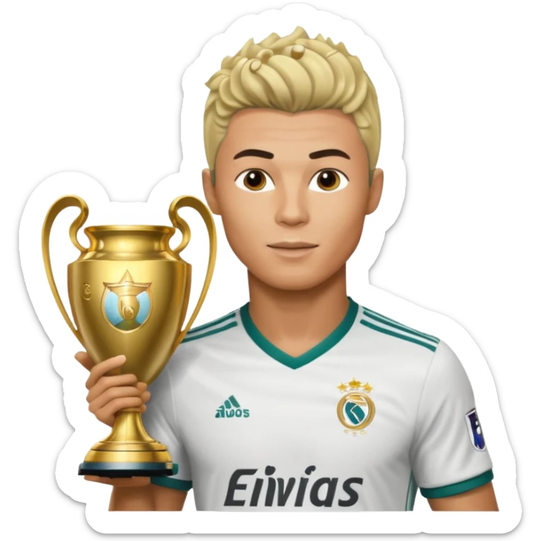 Cristiano Ronaldo holfing the champions league with noodle hair a bit longer noodle hair with a bit of blonde highlights and tge hair xoming down a bit just a bit of blonde not completely sticker