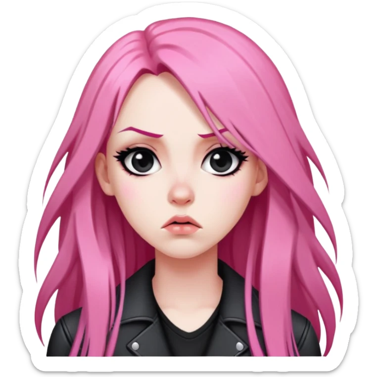 Emoji mirando hacia el costado con cara de molestia con pelo negro rosado largo de mujer metalera sticker