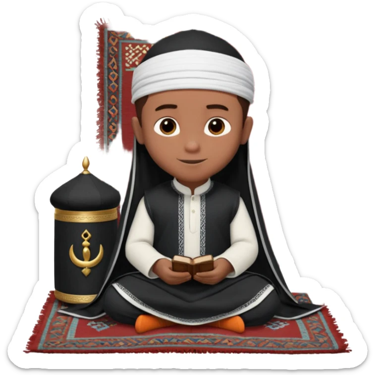 Personnage 3D mignon en style Pixar, un petit garçon portant un qamis blanc et un kufi, tenant un tapis de prière, entouré de lanternes brillantes, fond doux, couleurs chaudes, garçon teint noir TENANT UN APPAREIL PHOTO sticker
