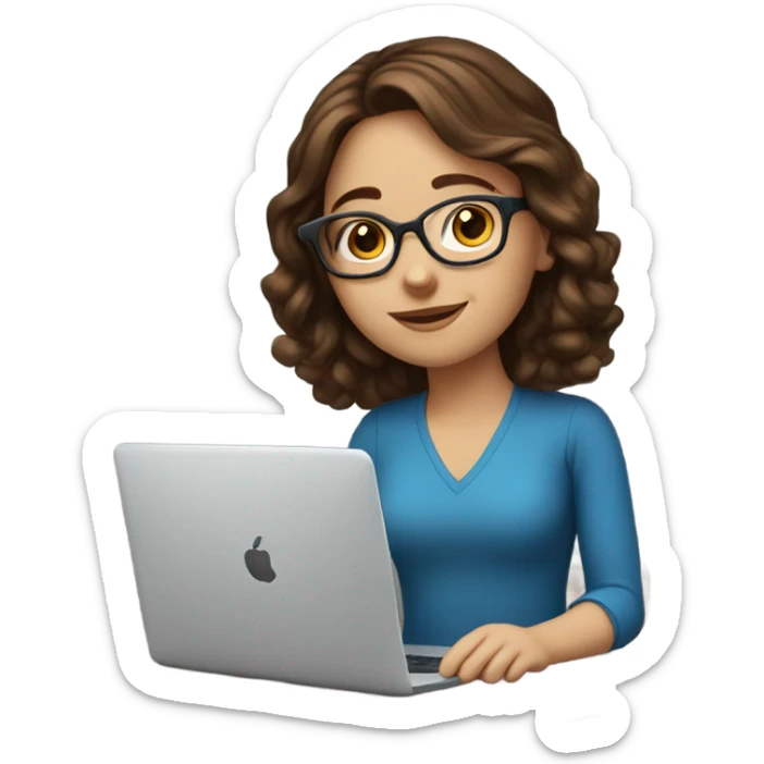 Beautiful girl with brown hair, blue eyes, glasses and laptop sticker