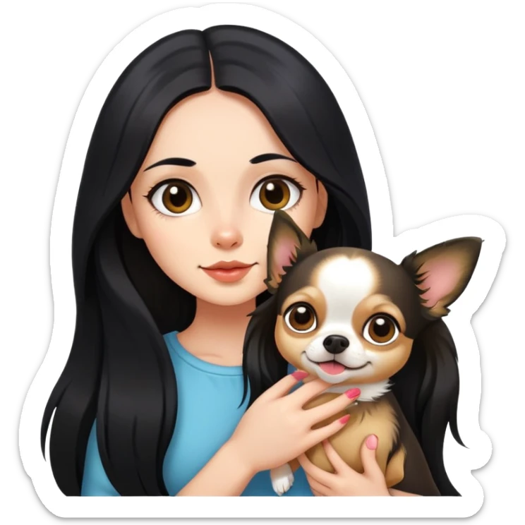 Fair skin girl - long black hair - holding a chihuahua sticker