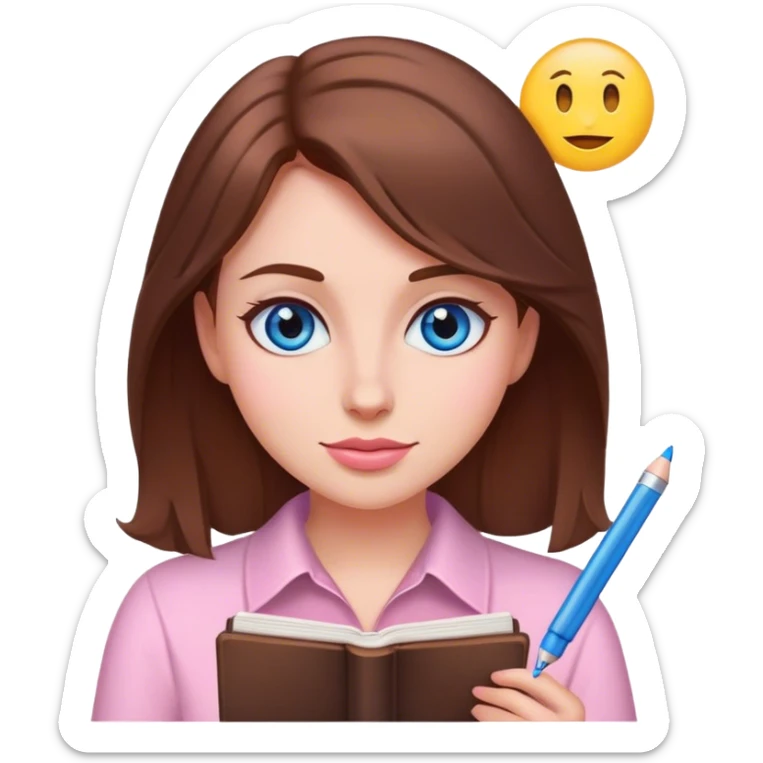 female writer with emoji face, brown hair and blue eyes writing a light pink romance novel sticker