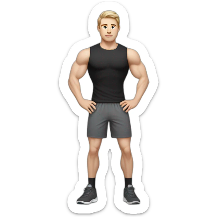 Idyll Pale skinned Fit Man With the biceps and dark brown hair in black shirt, gray sports shorts and white Sneakers sticker