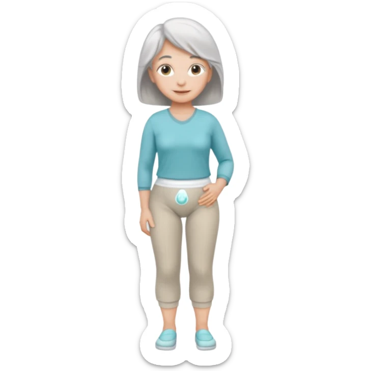 a Woman, mid 50 with light grey hair, wearing pampers (incontinence pants) sticker