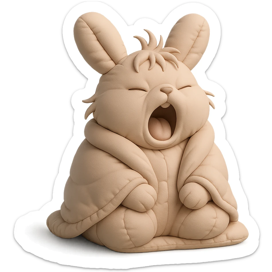 full-body pale brown bunny yawning with messy hair, blanket over shoulders, cushion style sticker