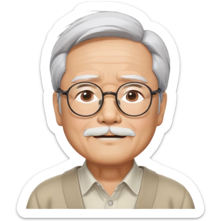 _cinematic-realistic-portrait-of-hayao-miyazaki,-depicted-with--large-rectangular-glasses,-his-happy-expression-rendered-in-lifelike-detail,-illuminated-with-soft,-realistic-lighting-that-emphasizes-his-creative-genius, his eyes shut   sticker