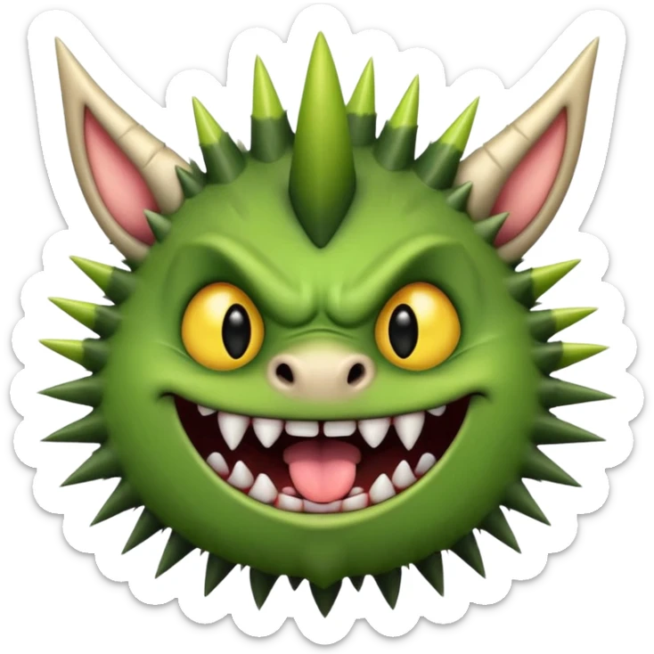 A green monster with two small black horns, spiky fur, big round yellow eyes, and a wide grin showing sharp teeth with its tongue playfully sticking out.  sticker