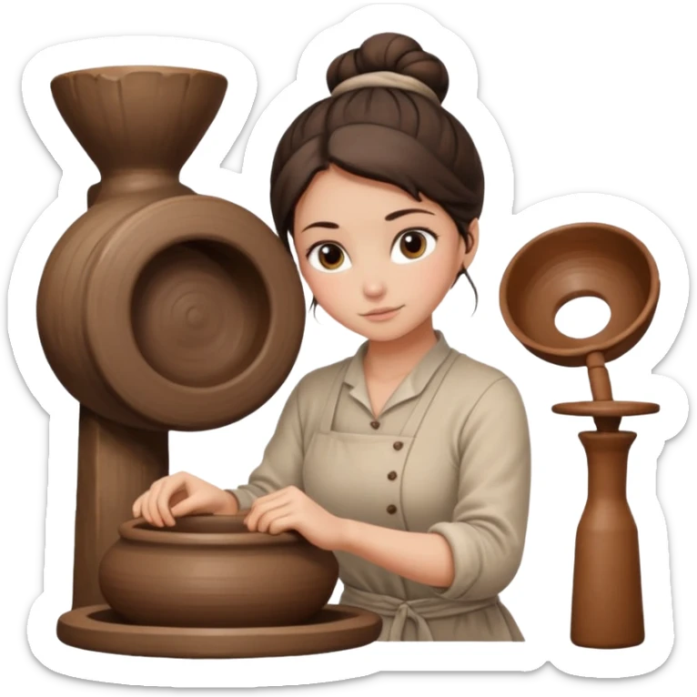 Brunette girl with a bun, behind the potter's wheel, wearing neutral clothing sticker