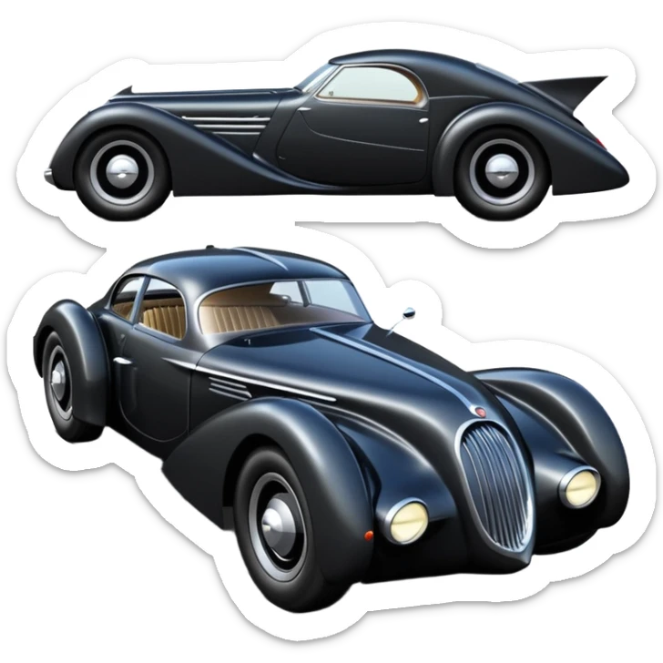  the animated series aerodynamic opulent dark knight futuristic concept Batmobile loosely based on 1936 cord 812 jaguar(flat long straight faceted mechanical body) finned stealthy street hot rod  sticker