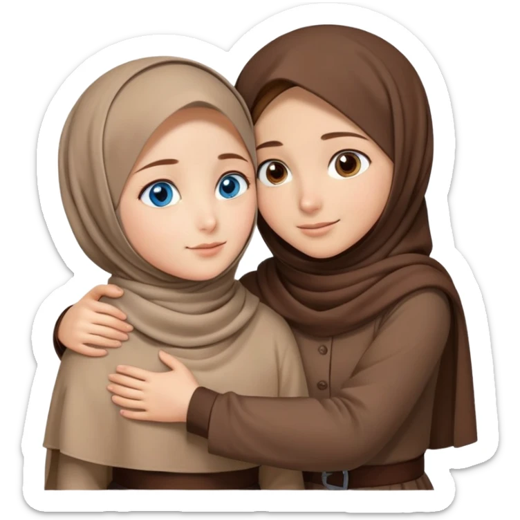 Turkish beautiful finish Konya girl blue eyes with brown beige hijab islamic dress and hugs with a boy brown haircut brother  sticker