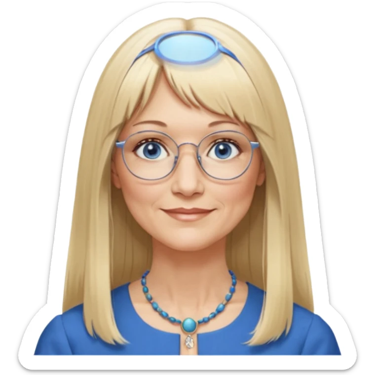 50 yr old white woman, hippie parted very long hair, short bangs, very long straight blond hair, oval face, small smile, blue eyes, thin face, hair downback, hair parted at center of head, round cheeks, pale, longer hair, business dress, long hair, big glasses sticker