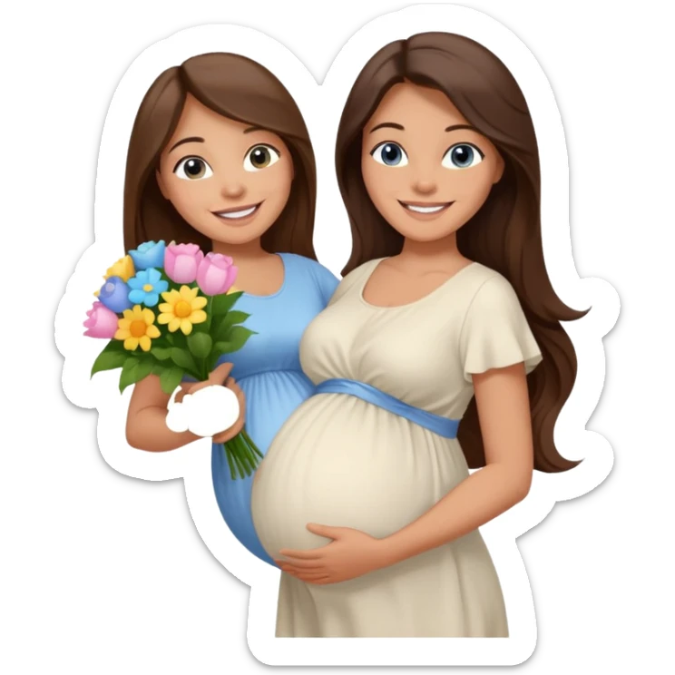 Create a cute emoji-style illustration of a young brunette woman with long brown hair, blue eyes, and a happy smile. She is pregnant, shown with a visible baby bump, wearing a simple white dress and holding a small bouquet of flowers. She looks excited and joyful, as if she's about to marry soon. sticker