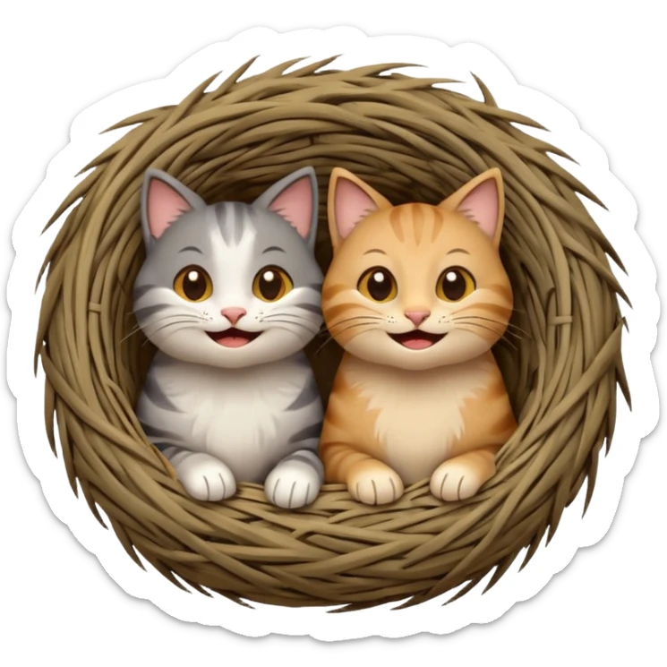two happy cats sitting in a bird's nest, emoji style, smiling faces sticker