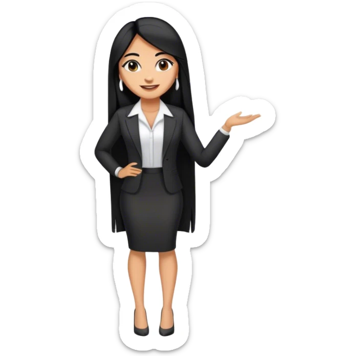 beautiful woman boss, with long straight black hair, with make up, black eye liner, smile, mexican, brown skin, wearing beautiful profesional outfit and white earings, full body sticker