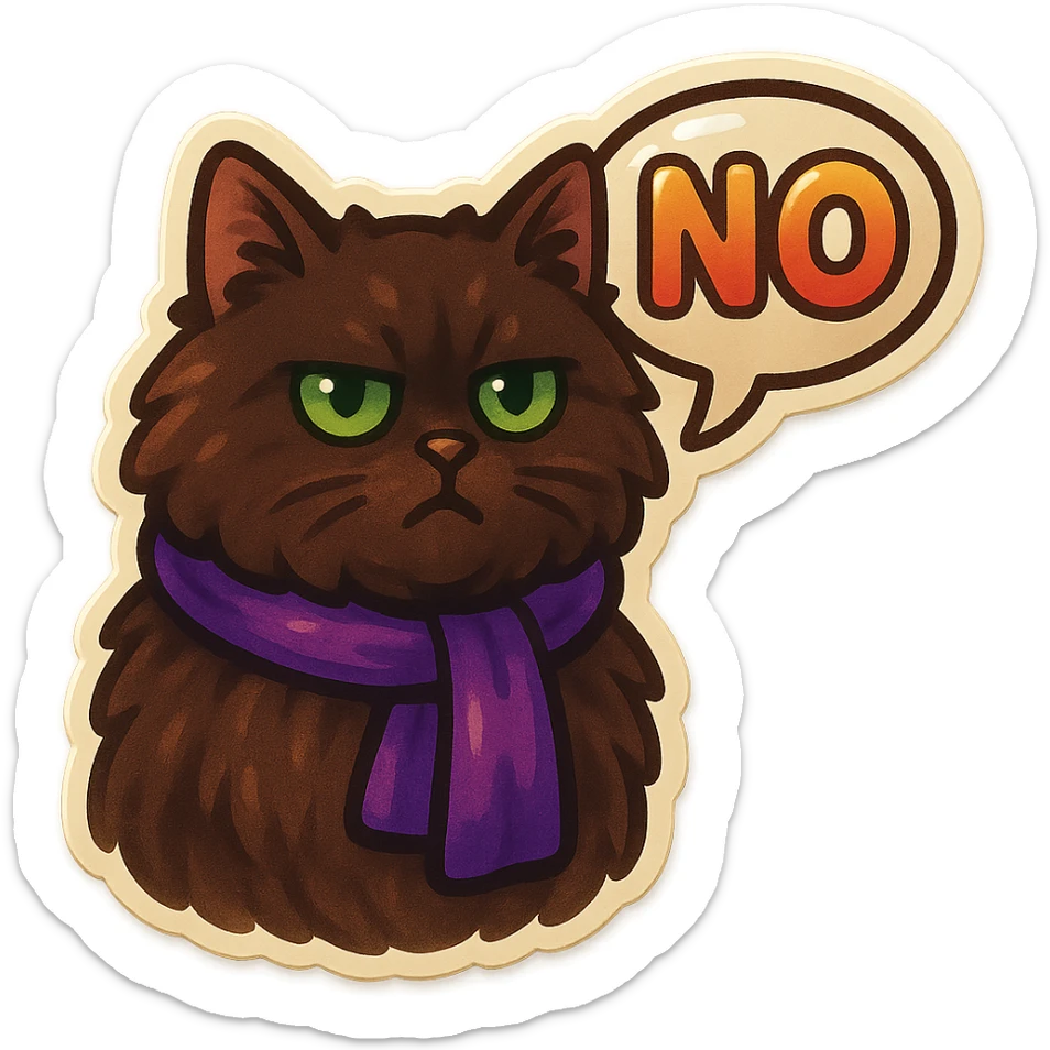 Fluffy dark-brown cat with green eyes and a purple scarf saying ‘NO’ (with a speech bubble) sticker