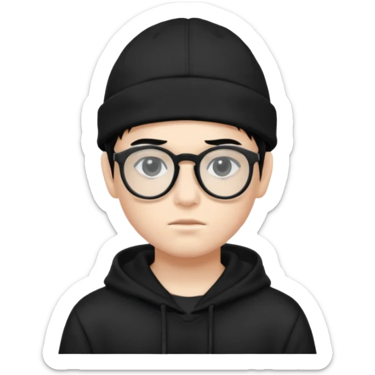 teenage boy (black hair, white skin, black eyes) wearing black glasses (nerd) and hide all his hair under a cap. wearing normal hoodie sticker