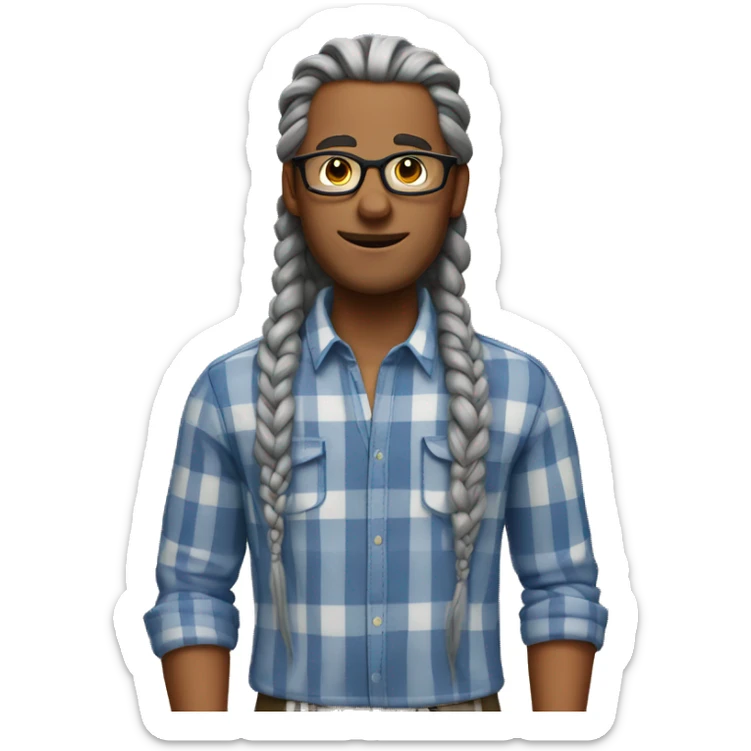 Tanned man with long gray braids with glasses and plaid shirt sticker