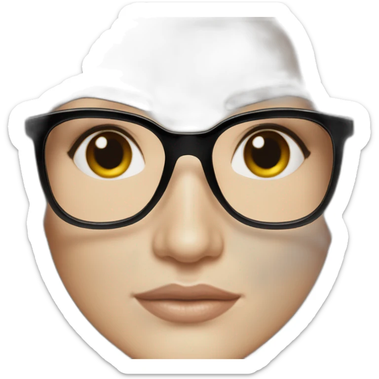 rachel weisz with long haire, round black glasses and a pimple in the middle of the forehead sticker