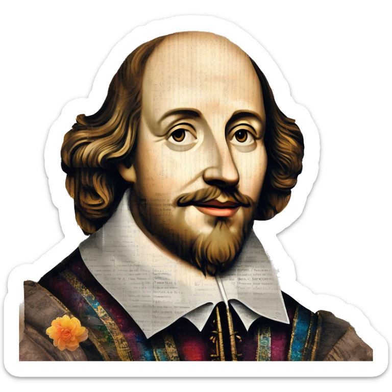 Shakespeare made of newspaper cuttings wearing flowers, stained glass, fairy lights, bokeh, annotated sketch, handwritten letters, collage of intricate patterns, lantern, bokeh, blur sticker