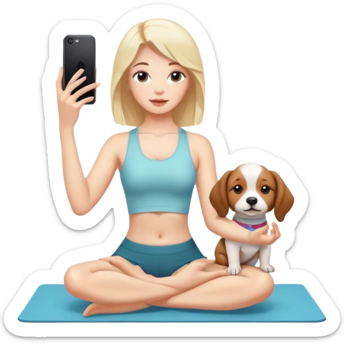 insta girlie doing yoga and puppy near her. she is taking selfie  sticker