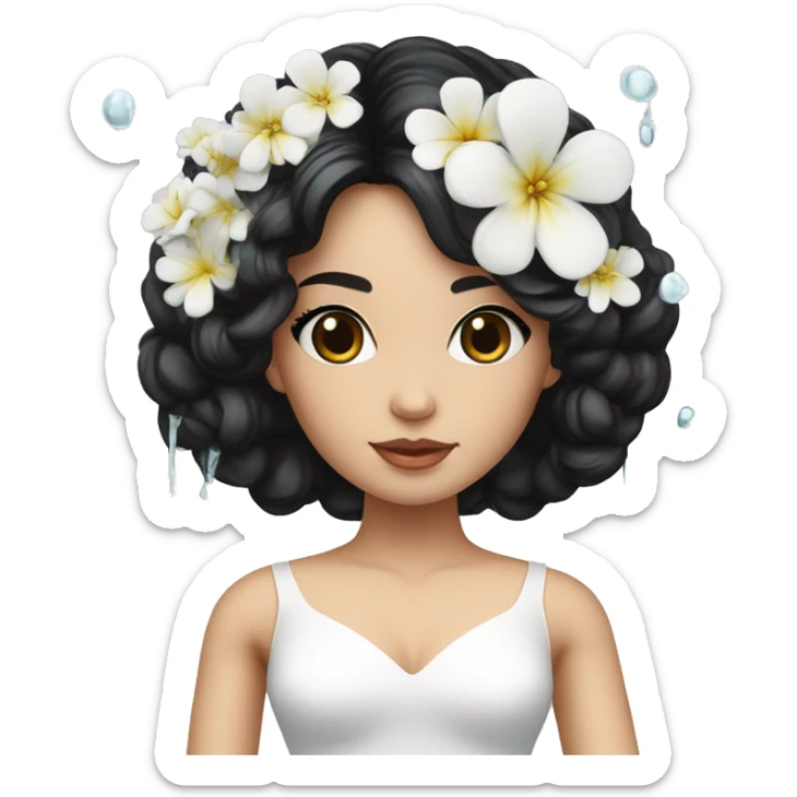 Pretty young Lady doll posing with black hair flowers in hair white dress surrounded by flowing water sticker