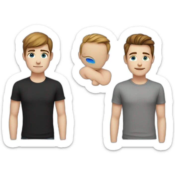 gay couple both brown hair both slim one blue eyes one dark eyes one in black shirt one in white shirt sticker