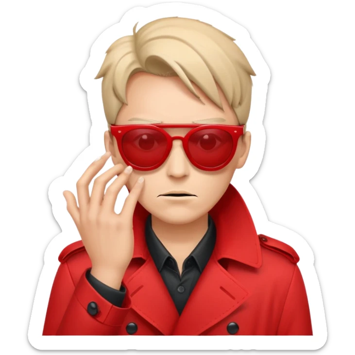 an evil fraudster in red sunglasses and a red trench coat who's hiding his face sticker
