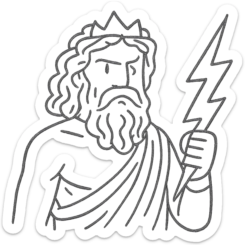 A detailed illustration of Zeus, the Greek god, with his beard, long curly hair, and regal attire, holding a lightning bolt sticker