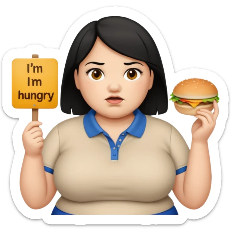 Una señora gorda con cabello negro y p olo corto con un letrero de tengo hambre sticker