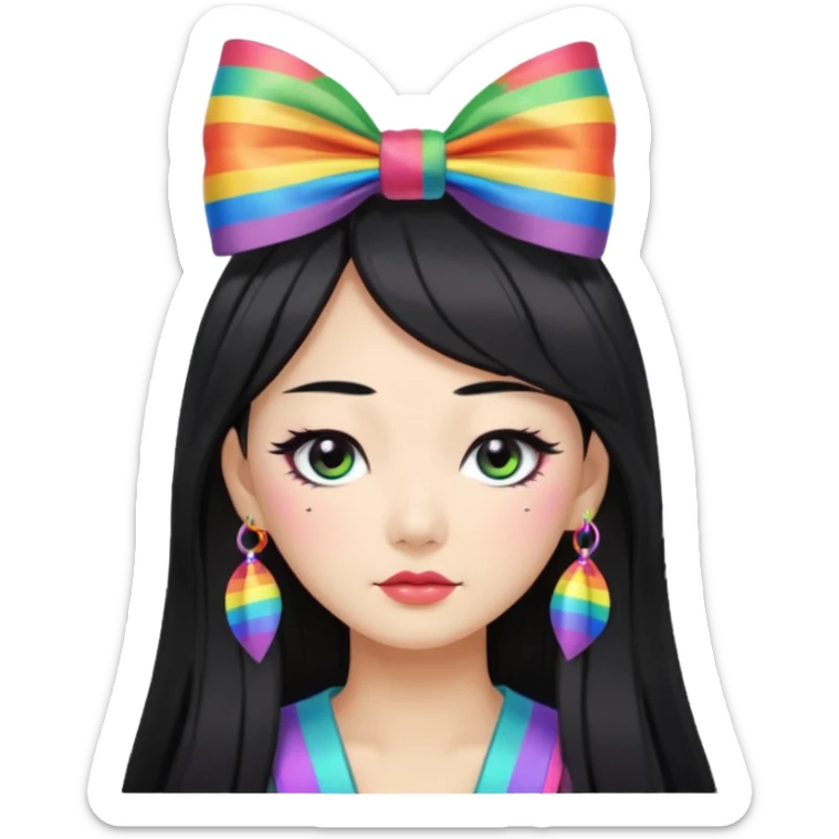 asian emoji face with long black hair with very thick black eyeliner and rainbow bow on head and tacky sticker