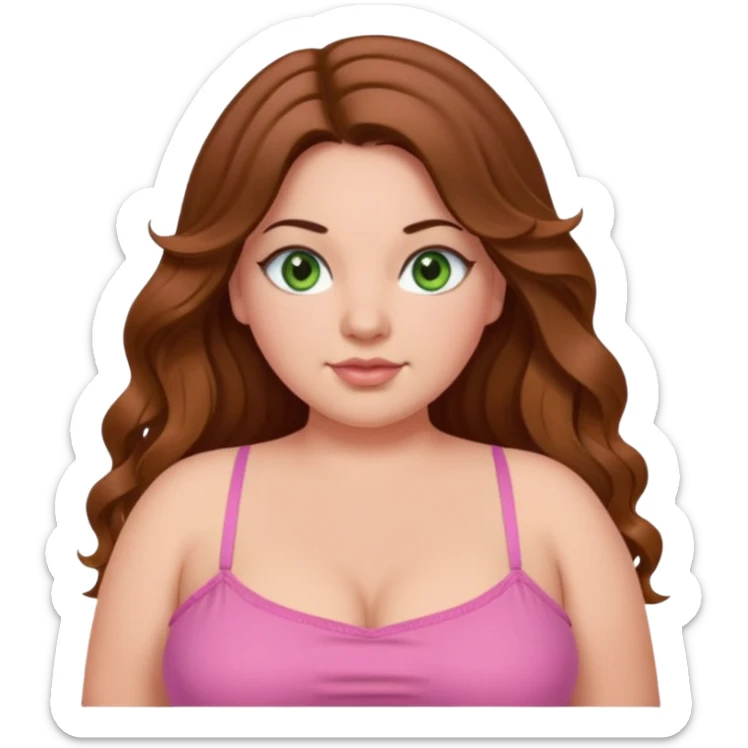 Baddie bratz girl with middle parted long wavy brown hair. green eyes. Plus size. pink spaghetti strap top. sticker
