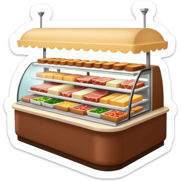 A 3D cartoon deli counter filled with meats, cheeses, and salads, bright lighting, Memoji-style realism. sticker