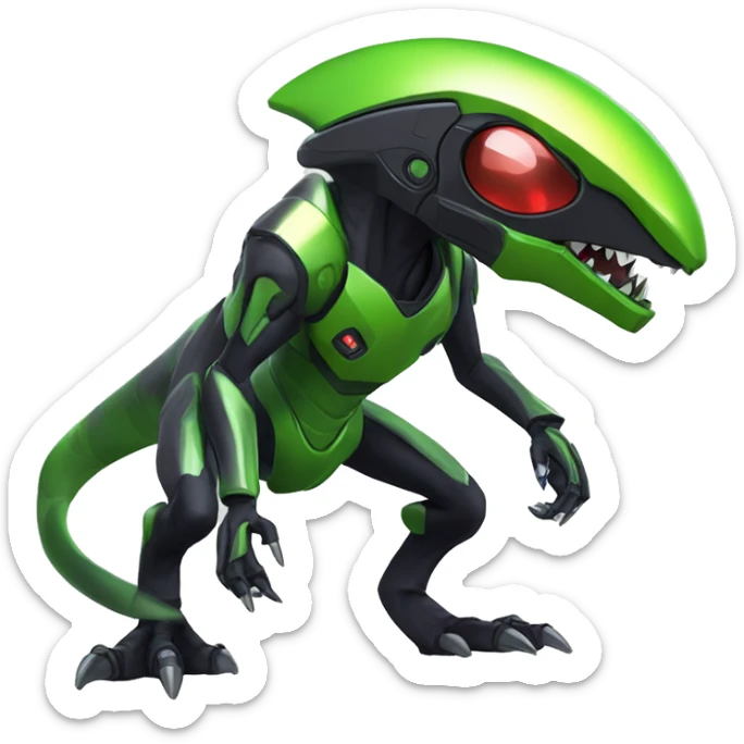 a shiny black-green Genesect-Raptor-Fakémon—hybrid with a futuristic visor-helmet full body sticker