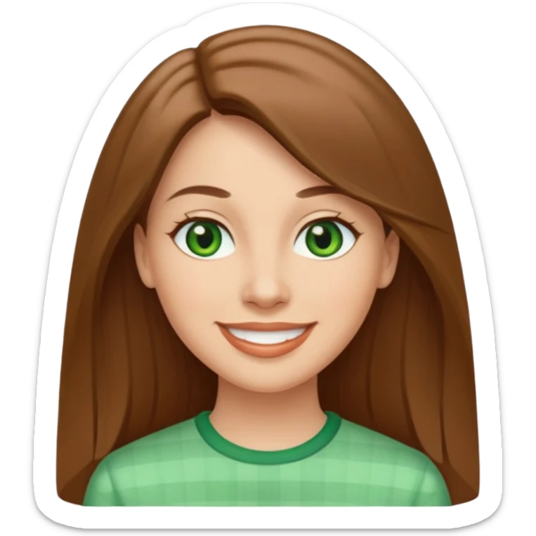 Adult woman avatar, light skin tone, oval face, straight long brown hair, green eyes, neutral mouth, seersucker sticker