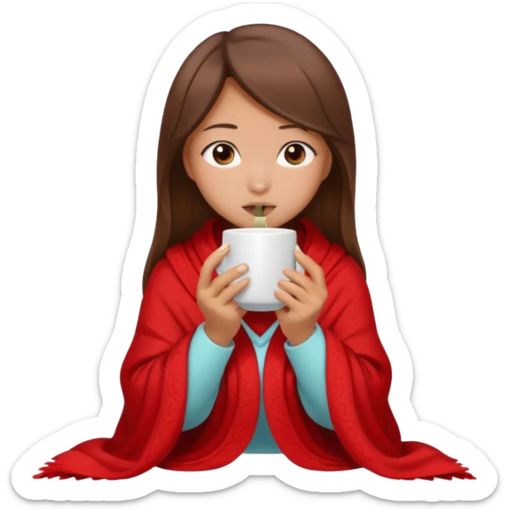 cute and sexy asian slightly tanned girl, brown hair, feeling sick, nose is red due to sickness, covered by blanket, holding tea mug in hands sticker