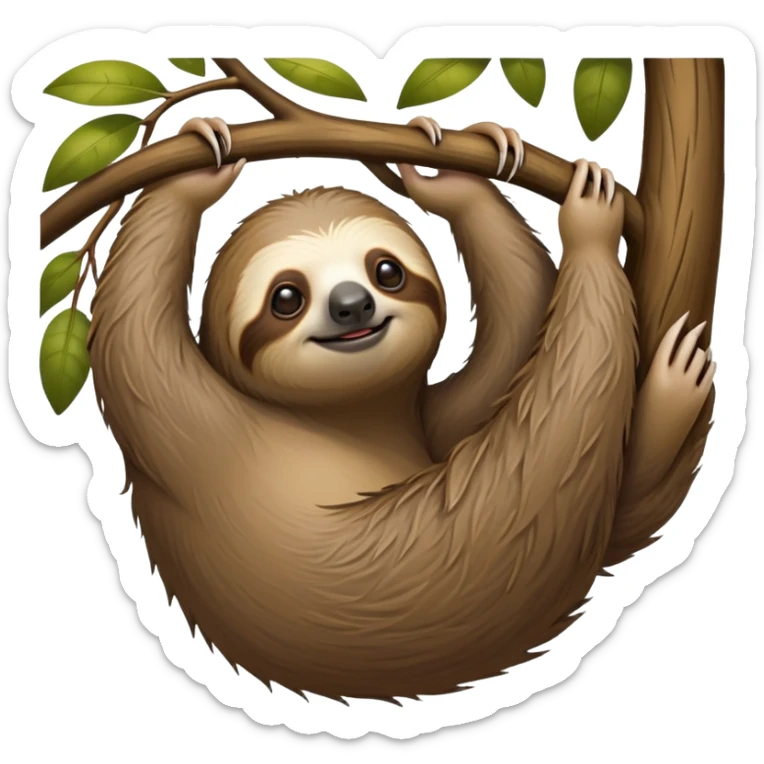 cinematic-sloth-realistic-full-body-hanging-emoji,-long-curved-claws-clinging-to-a-tree,-thick-shaggy-brown-fur-slightly-ruffled,-head-tilted-dramatically,-slow-blinking-eyes-filled-with-serene-wisdom,-simplified-yet-realistic-focused-features,-highly-detailed,-glowing-with-an-almost-sarcastic-glow sticker