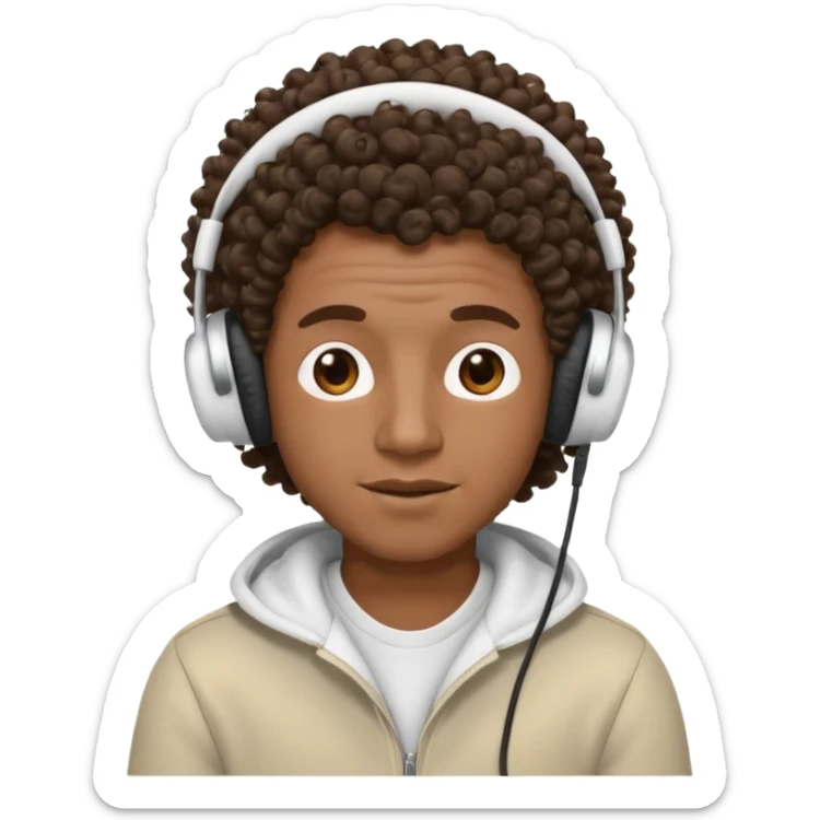 Black guy with curly hair listening to music with white headphones  sticker