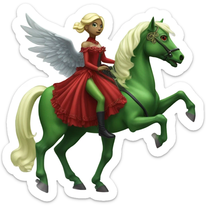 "galora green blonde alien woman" in red Victorian elegant dress, full body, rides winged horse
NO WOKE
 sticker
