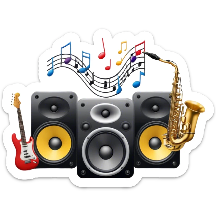 Icon for R&B Music Listening: large concert speakers and headphones with waves of musical notes coming out, along with drums, bass guitar and saxophone. The icon should convey the energetic and rhythmic vibe of R&B music. Transparent background sticker