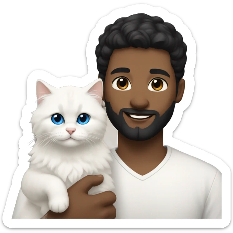 A guy with a black earing and black short hair and black beard and holding a all white Siberian cat with blue eyes  sticker