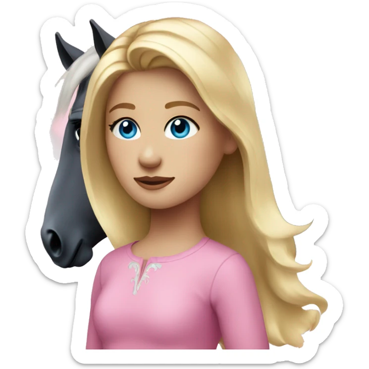 blonde girl with blue eyes wearing pink and her black horse sticker